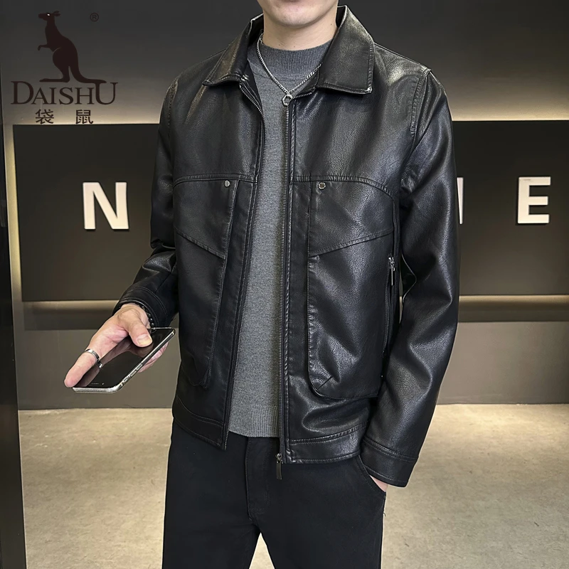 Dai Shu/袋鼠2024新款皮衣外套男夹克时尚休闲翻领机车服春秋款