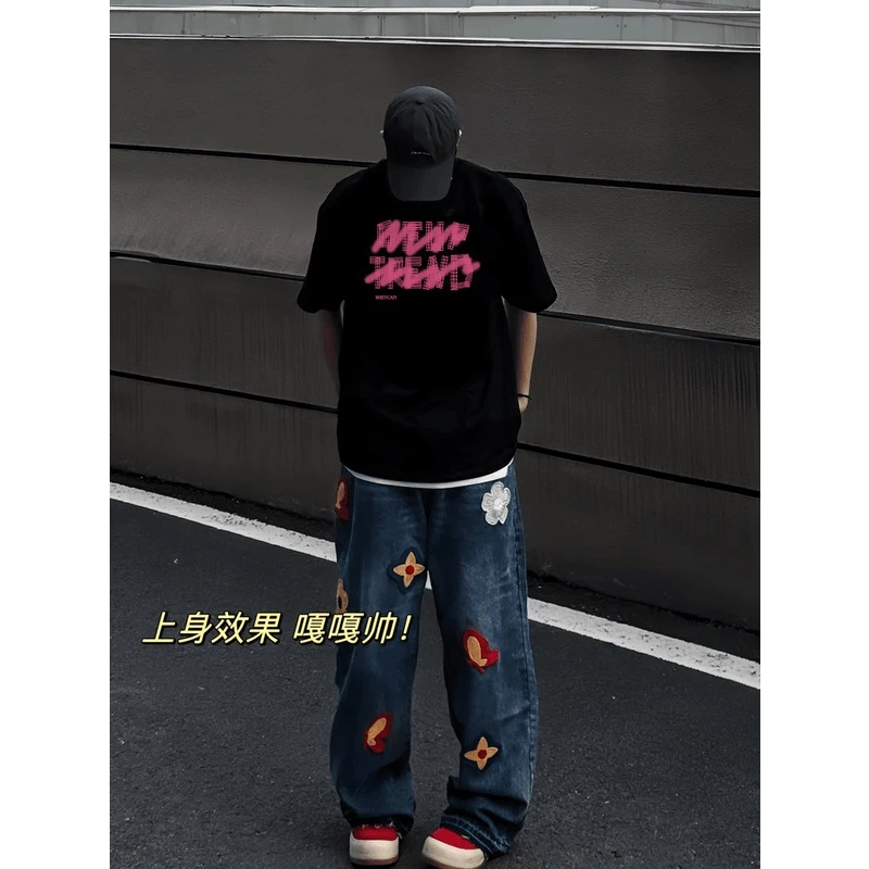 美式国潮牌街头体恤男款短袖夏季潮流T恤男士高街黑色五分袖上衣