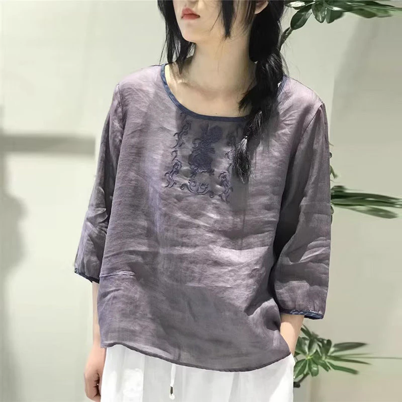 【棉麻七分袖】薄款绣花单件上衣女文艺复古套头宽松显瘦拼色中国风