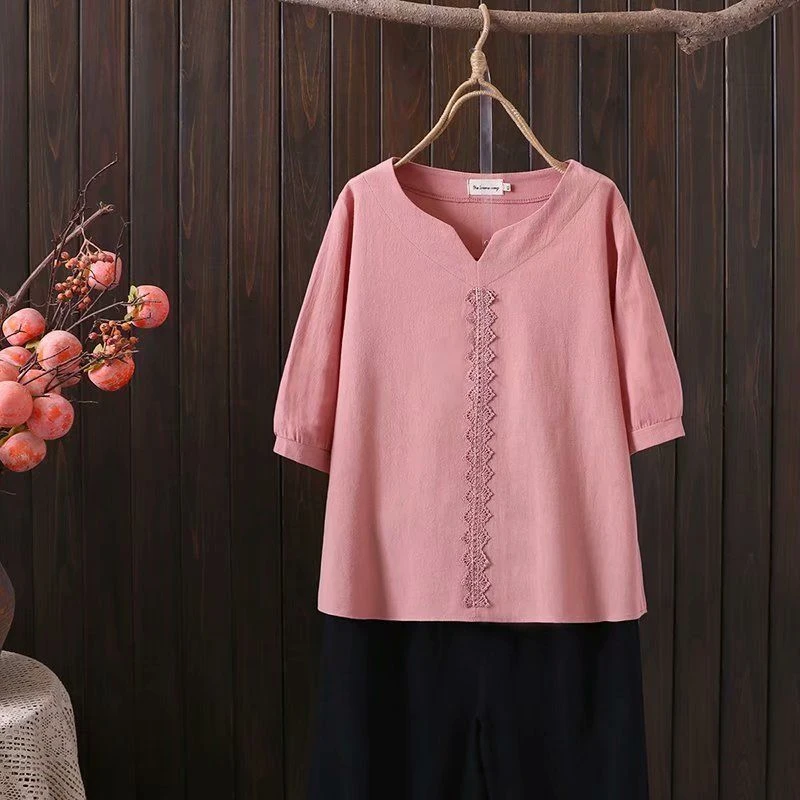 【棉麻T恤】夏季新款妈妈装洋气花边大码短袖女宽松遮肚显瘦上衣