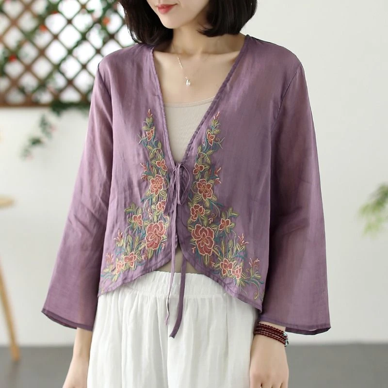 【刺绣开衫】民族风上衣女夏新款复古绣花小衫防晒衣系带茶服衬衫