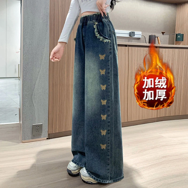 胖mm大码加绒牛仔裤女拖地直筒阔腿宽松紧高腰显瘦学生加肥200斤