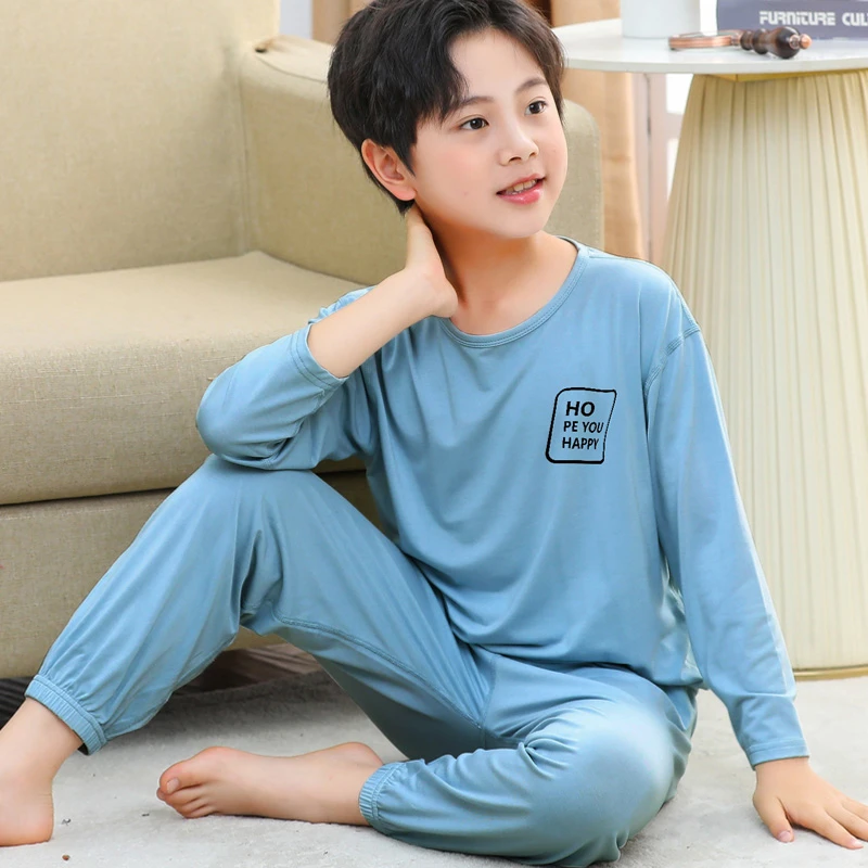 男童睡衣夏季薄款九分袖莫代尔儿童家居服套装中大童空调服无痕春
