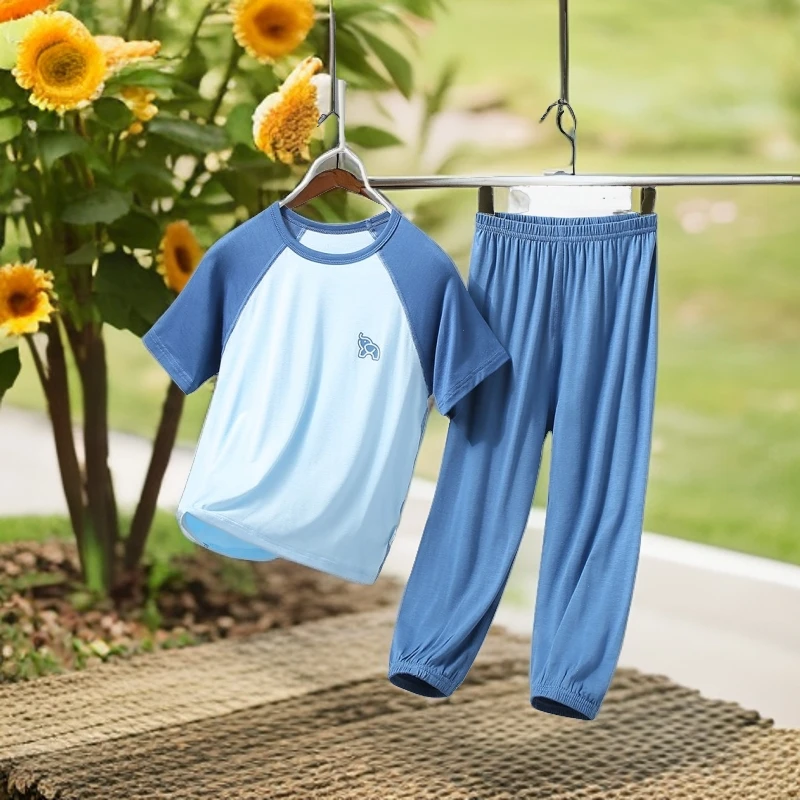 儿童莫代尔家居服男童女童睡衣夏季薄款中大童短袖长裤空调服套装