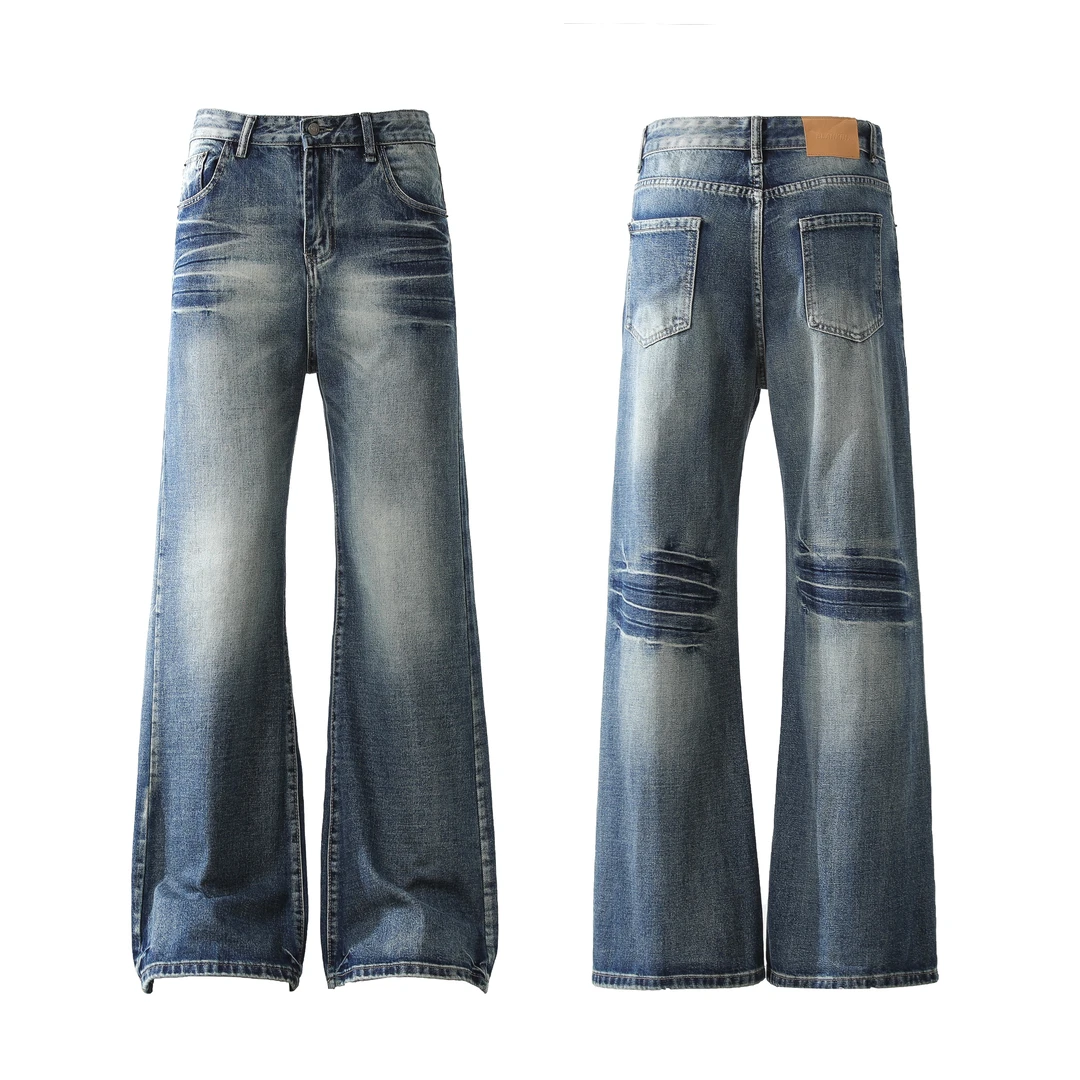美式cleanfit牛仔裤男2024新款蓝色微喇复古水洗做旧宽松裤子直筒