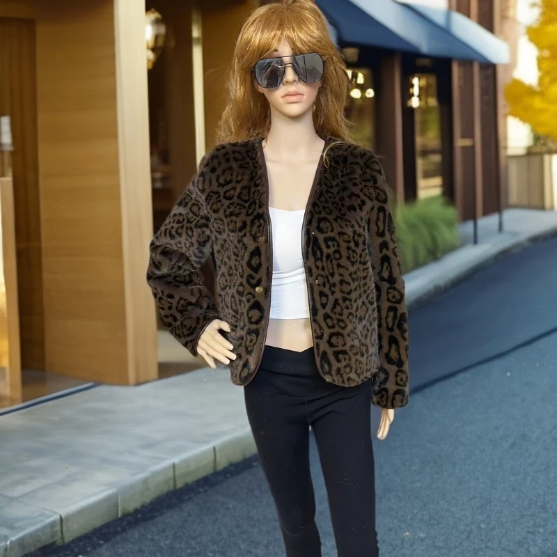 【皮毛一体】V领豹纹轻奢时尚保暖轻奢毛毛外套