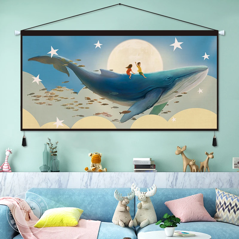 治愈系唯美鲸鱼布艺挂画客厅玄关背景布卧室床头挂毯ins宿舍改造