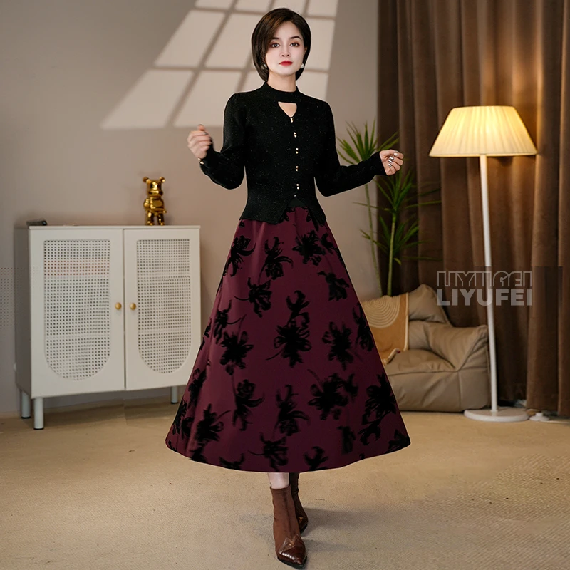 秋冬毛呢半身裙2024新款印花高腰加厚A字裙女显瘦大摆裙大码长裙