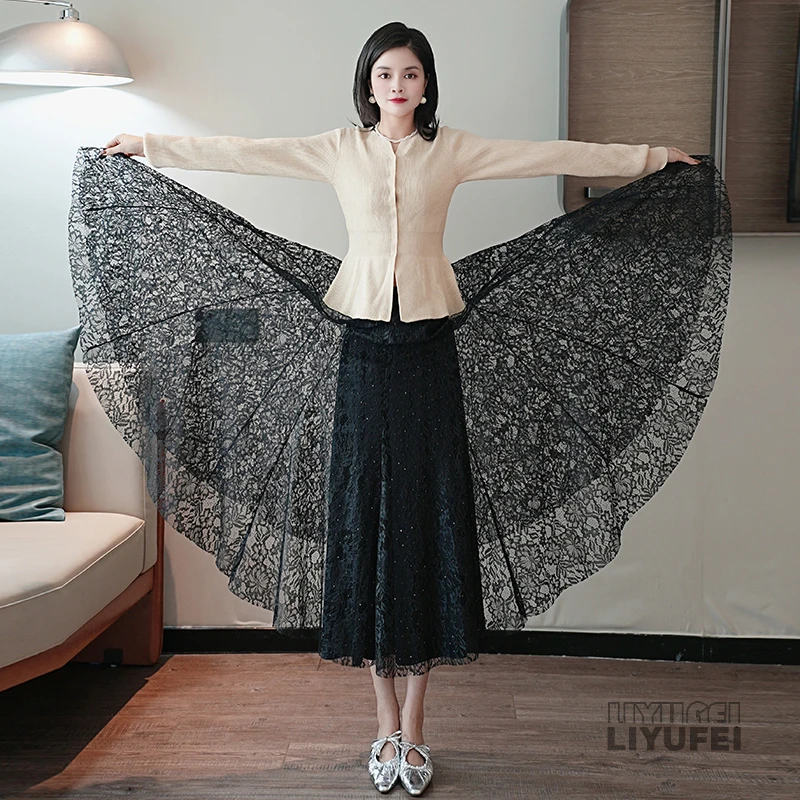 蕾丝裙烫钻秋季新款半身裙女2024显瘦高腰垂感A字裙半身裙大摆裙