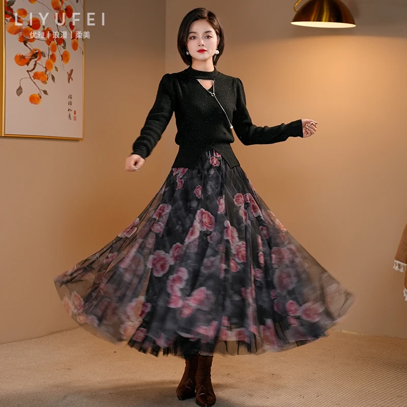 冬季新款【正反两穿】茶花印花网纱+烫钻星光裙气质显瘦遮肉半身裙