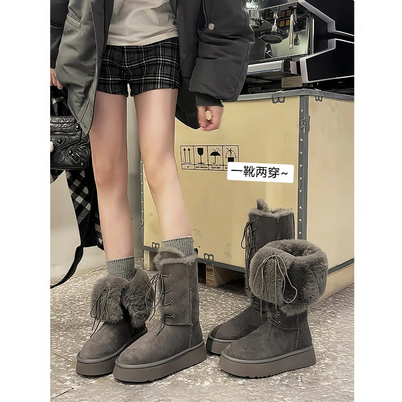 戈森定制灰色雪地靴女2024新冬季系带两穿长筒靴加绒加厚保暖棉鞋