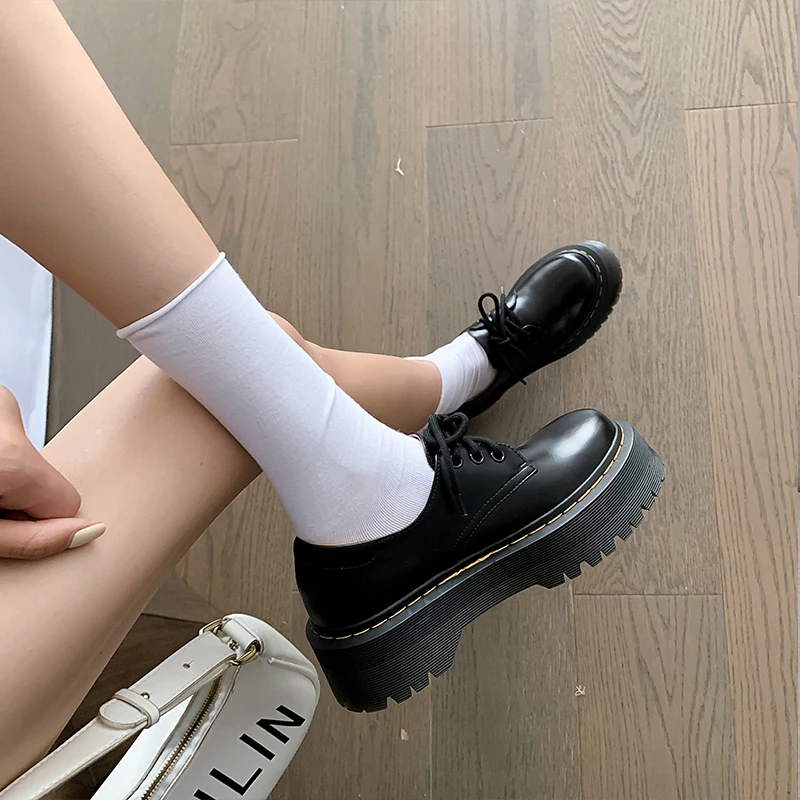 戈森定制日系jk软妹黑色小皮鞋女夏季英伦风圆头系带厚底马丁单鞋