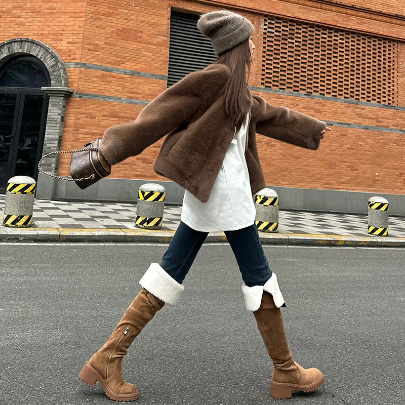戈森定制2023新款两穿长靴女粗跟过膝雪地靴秋冬加绒高筒骑士靴