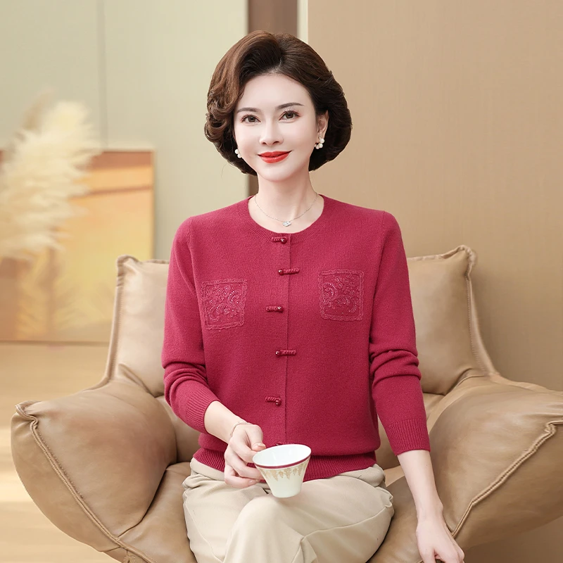 100%纯羊毛妈妈开衫毛衣羊毛衫女装妈妈装长袖中年中老年秋冬