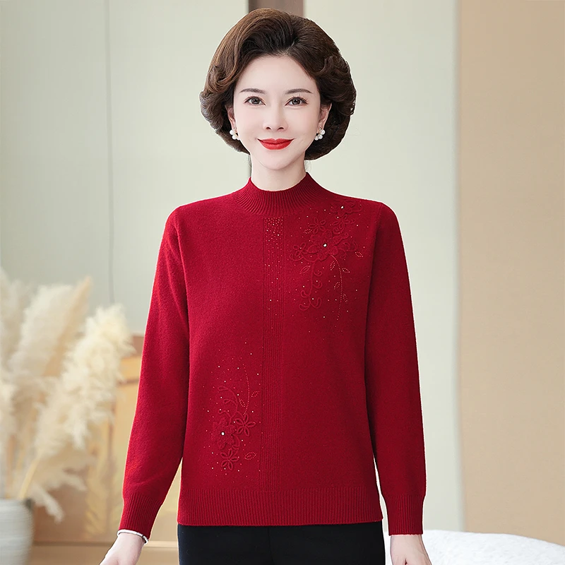 100%纯羊毛打底上衣羊毛衫女装妈妈装刺绣中老年百搭妈妈开衫毛衣