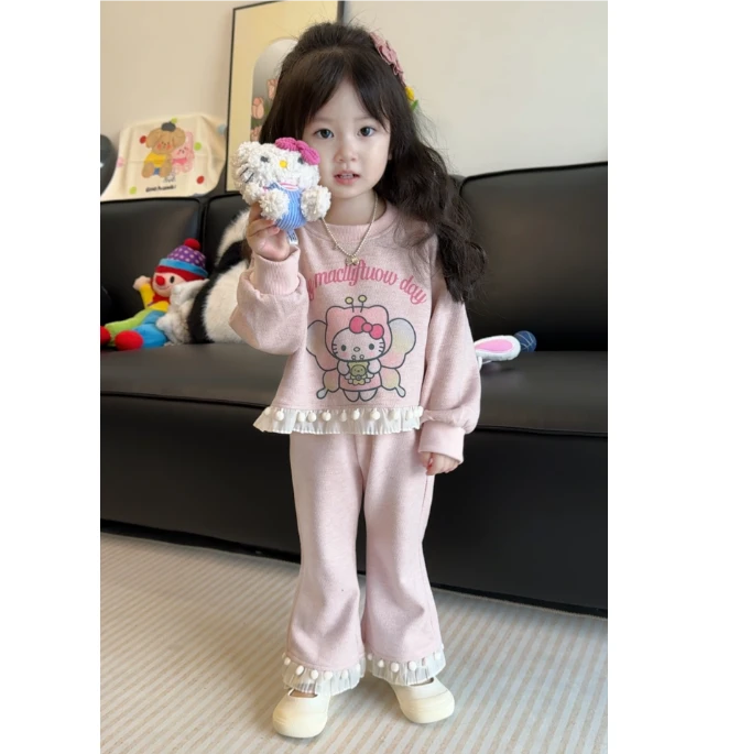 女童卫衣套装套头卡通字母印花蕾丝花边微喇卫裤2024秋季新款童装