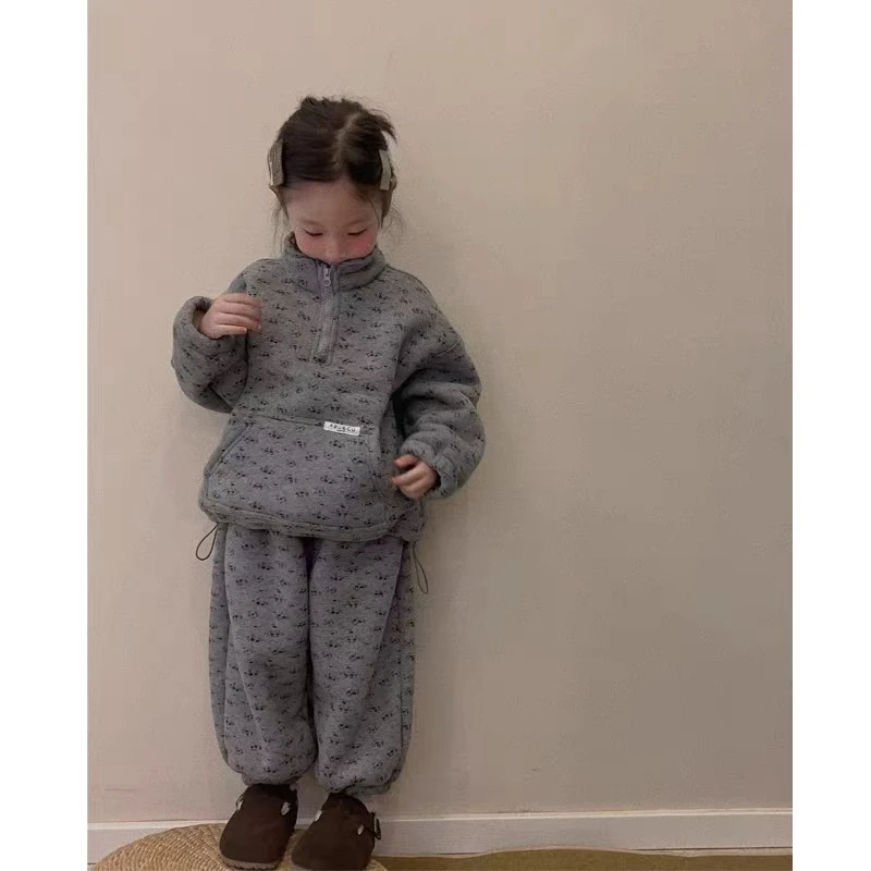 男女童冬季加绒套装洋气男女宝宝保暖印花上衣裤子两件套（萱萱妈）