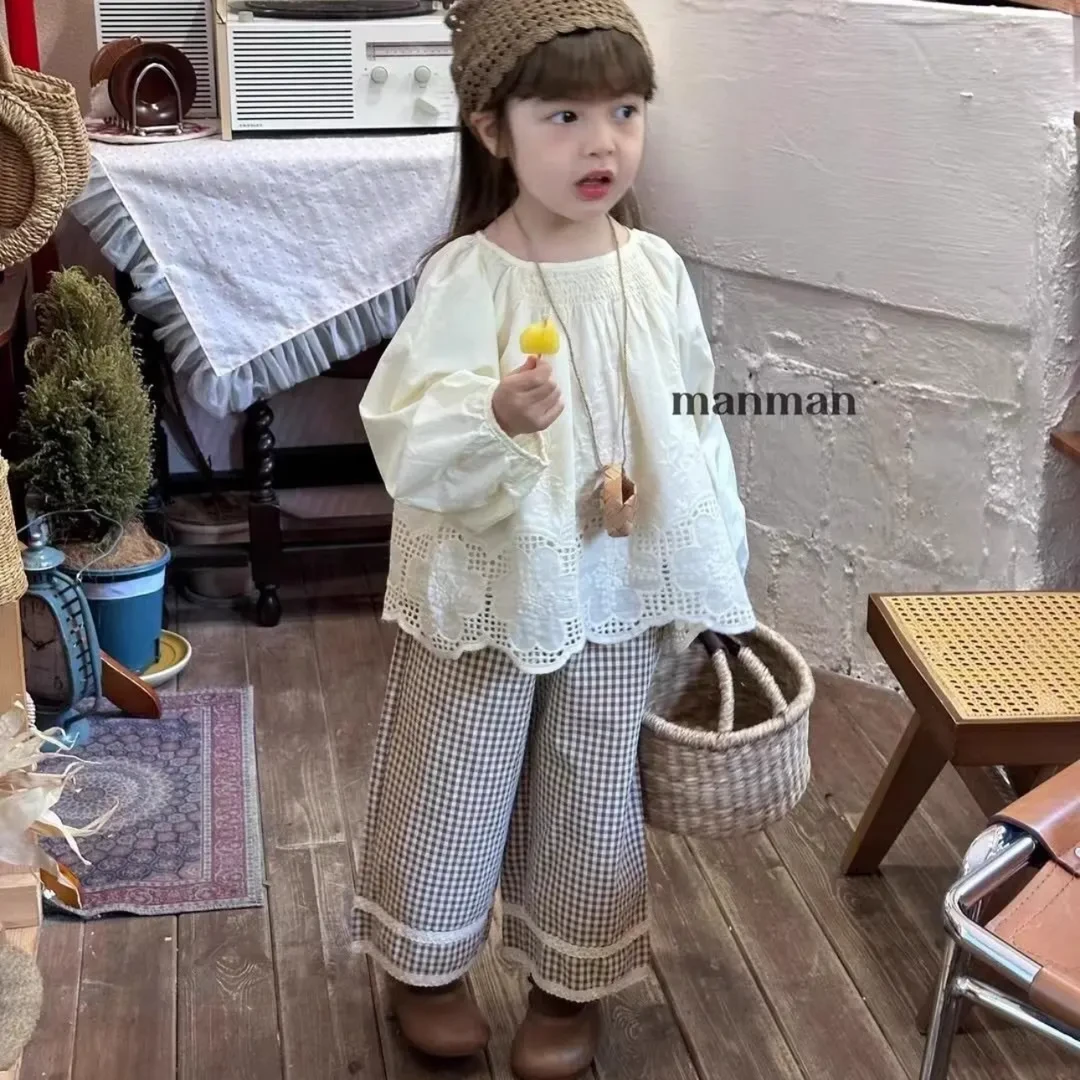 女童秋季新款套装森系女宝宝蕾丝花边衬衫格子裤两件套