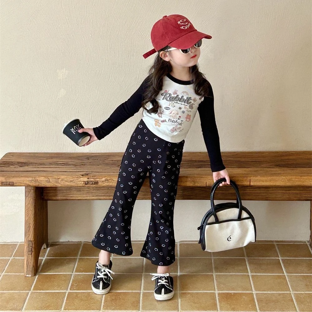 女童秋季新款套装女宝宝洋气印花拼色上衣喇叭裤两件套