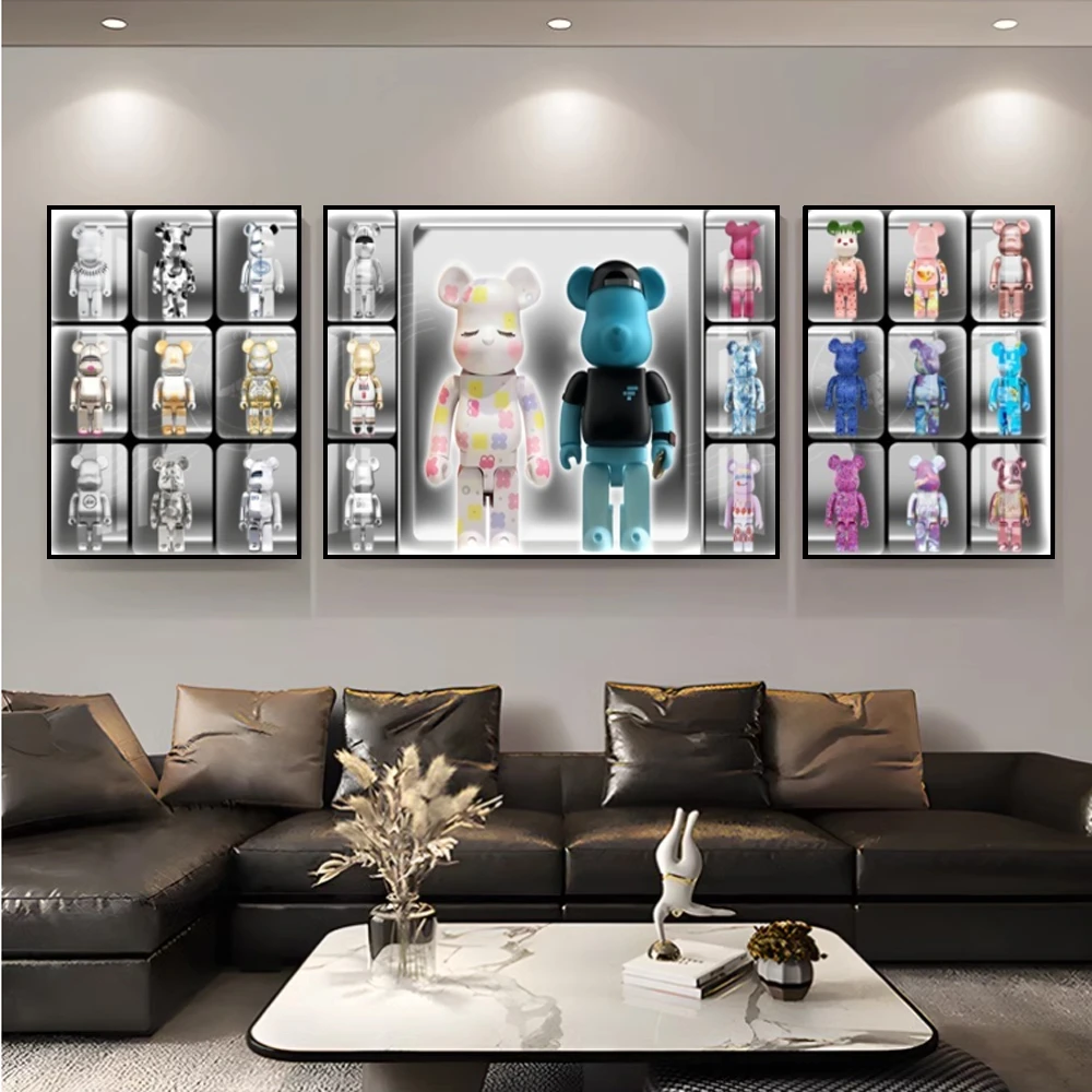暴力熊客厅装饰画高级感格子风沙发背景墙三联画现代简约挂画卧室