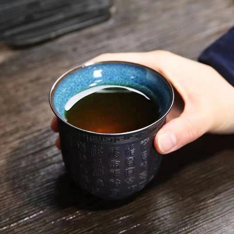 -紫砂百福心经杯(浮雕款)E42精美主人杯家用茶杯