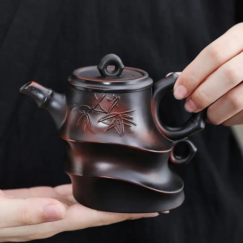 紫陶凤鸣斜竹壶大容量中式纯手工茶壶家用复古大号紫陶壶C75