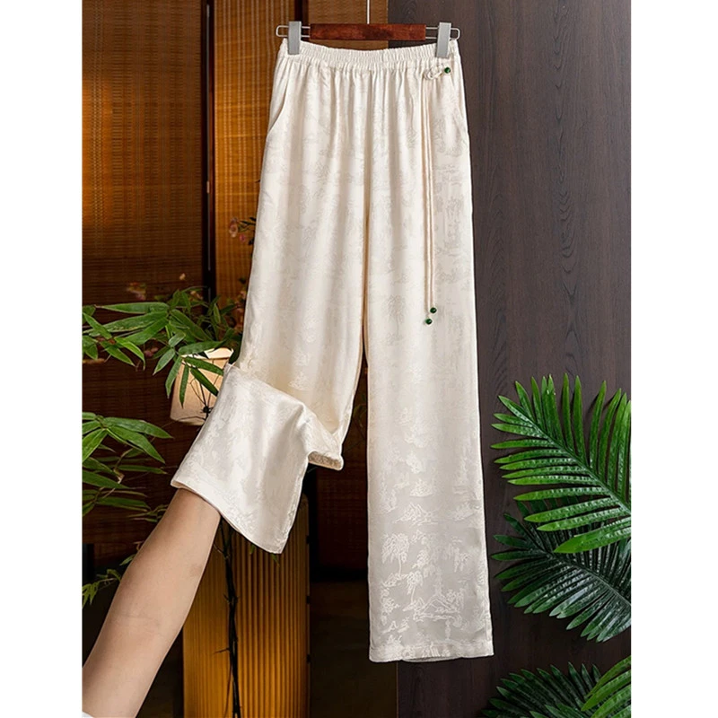 新中式裤国风缎面通勤女装提花休闲直筒裤高腰阔腿裤春夏