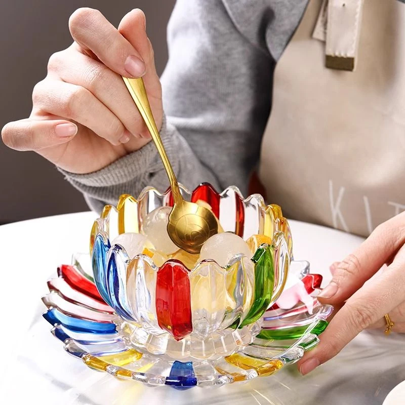 轻奢手绘莲花玻璃碗碟组合小众设计甜品碗燕窝碗沙拉碗高档家用