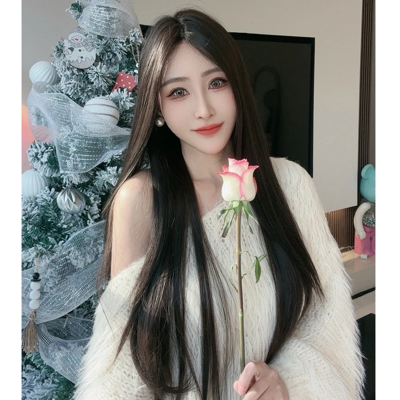 子琪专属-日常假发小额蕾丝假发女黑长直发黑色中分假发长发头套