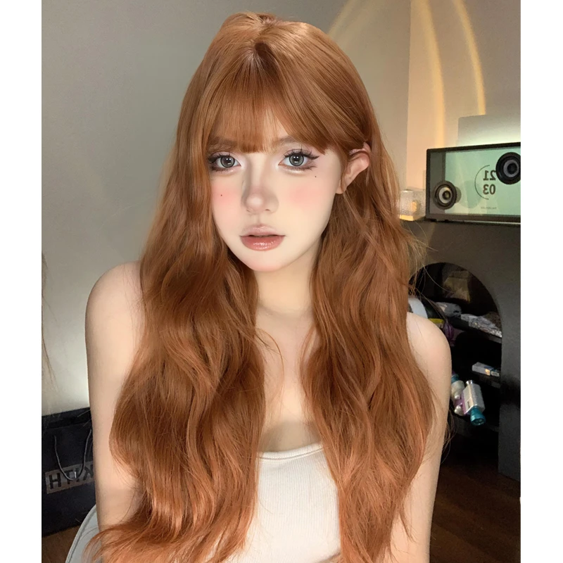 KuKu公主-假发女微卷自然水波纹头套自然卷发脏橘色全发套舒适