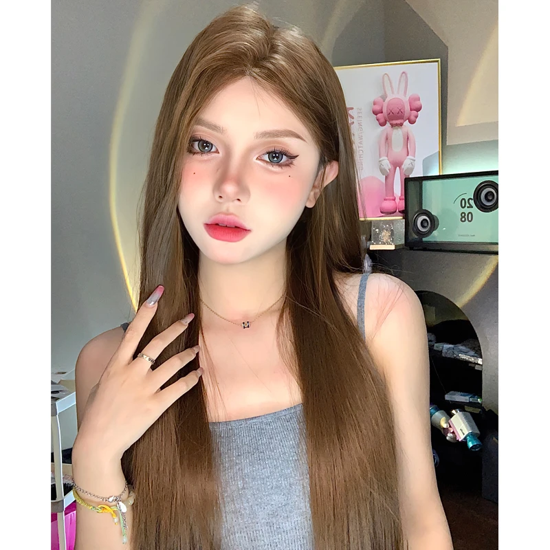 KuKu公主-【深秋入场劵】蜜糖棕小额蕾丝假发女长直发全头套