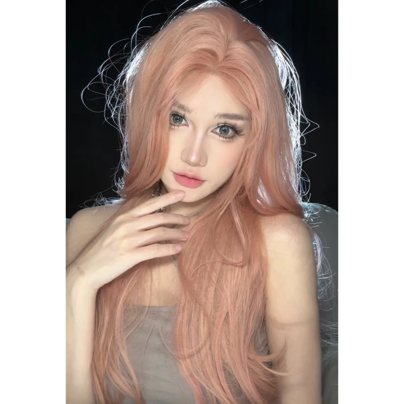 小U专属-粉灰色中分假发自然日常小额蕾丝假发女长卷发全头套