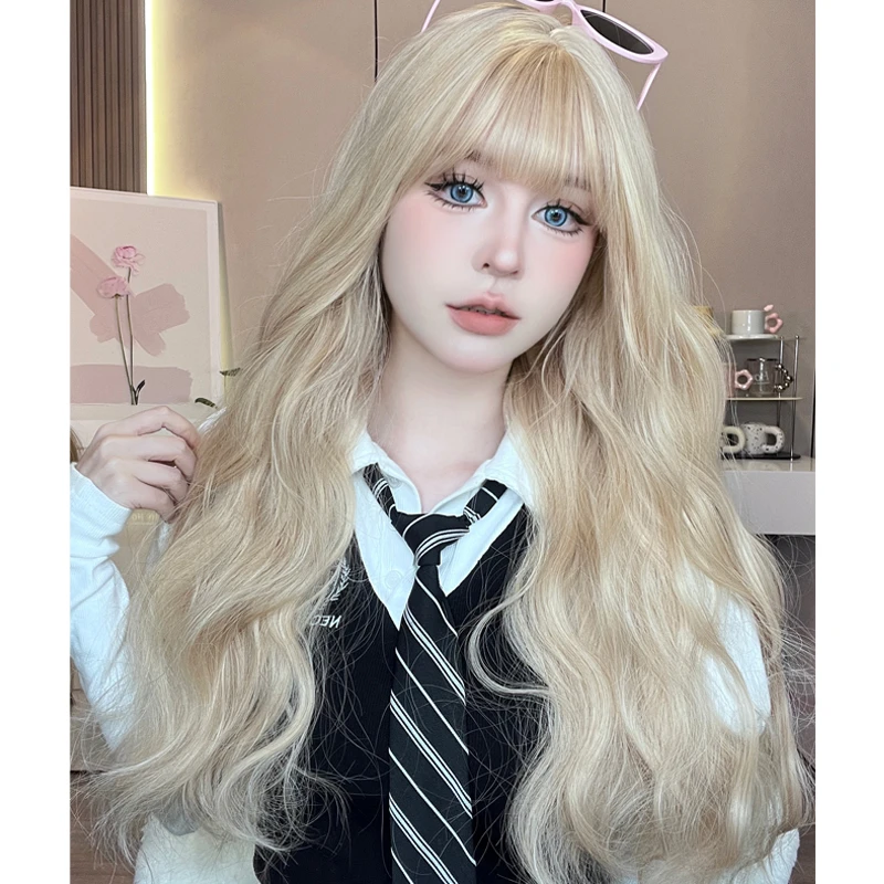 椰子专属-假发女长发长卷发日常微卷水波纹空气刘海亚麻白金