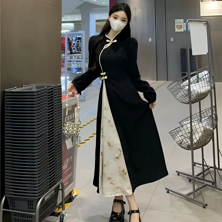大码新中式纯欲气质长袖收腰连衣裙爆款东方水墨复古国风改良旗袍