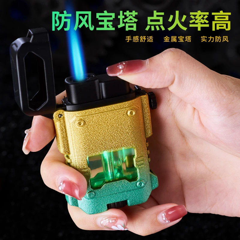 防风打火机充气个性渐变合金可视气窗七彩变色灯直冲蓝焰炫酷材质