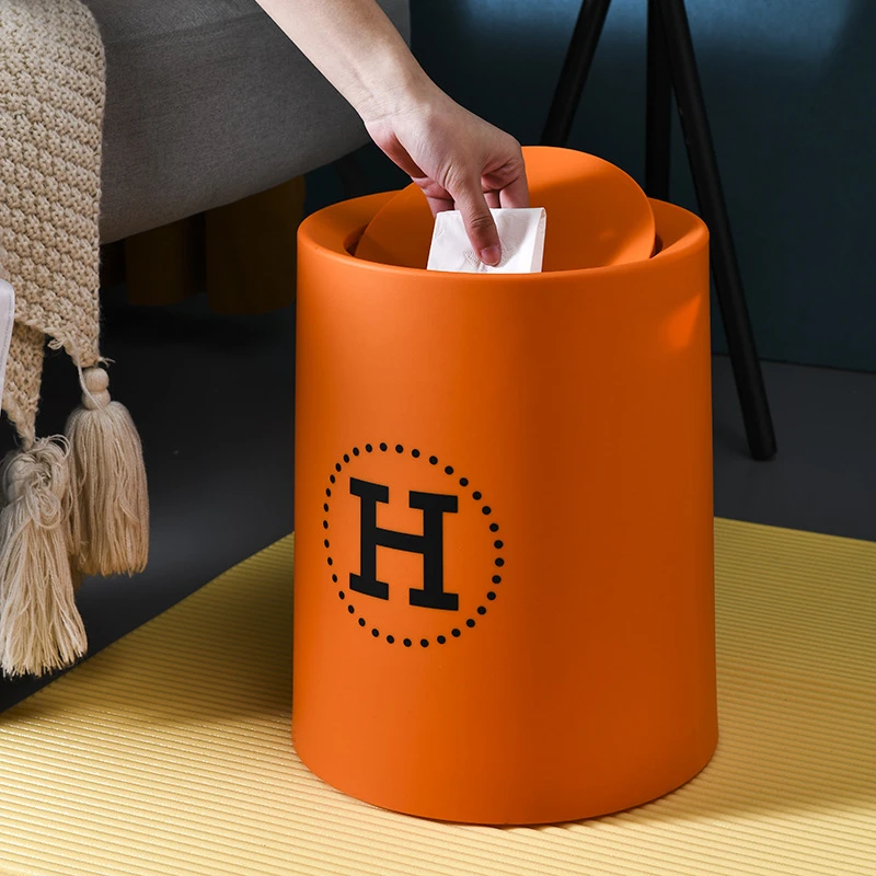 傲月双层圆形摇盖经纸篓创意印花客厅卧室卫生间简约风家用垃圾桶
