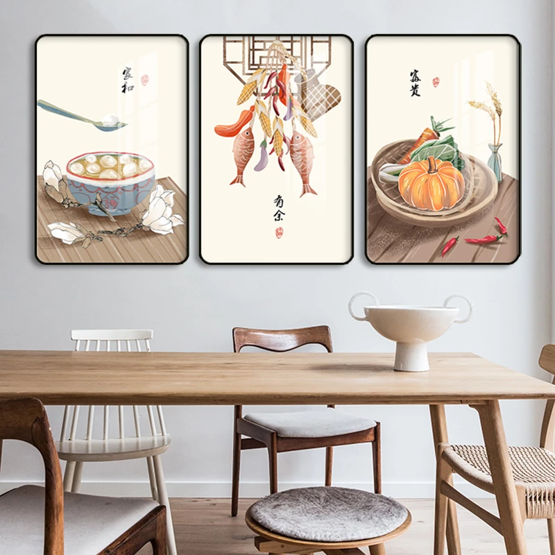 本格福利 年年有鱼 餐厅墙面装饰画 新中式壁画沙发背景墙三联画