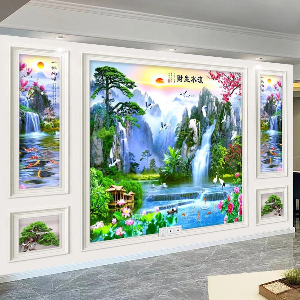 电视墙背景墙画自带边框山水风景壁画沙发客厅3D立体壁纸墙纸墙布
