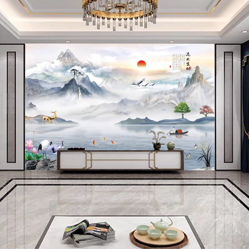 2024新款新中式招财山水画壁画客厅8d立体电视背景墙壁纸影视墙布