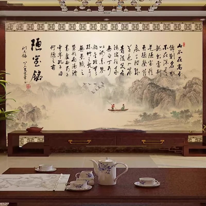 中式古典诗词墙布水墨绘画壁纸书法培训班办公室饭店沙发背景墙纸