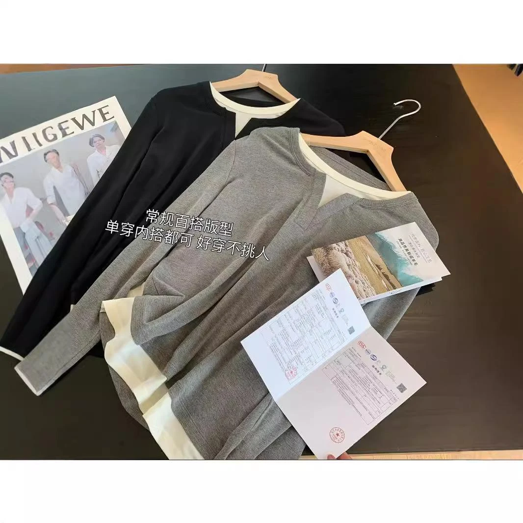 简约高品质亲肤透气休闲假两件针织衫半开门长袖T恤女网红时尚