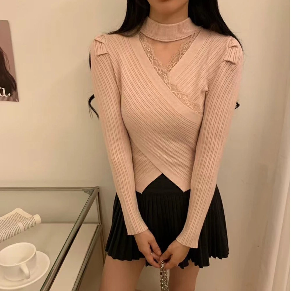 【喜】蕾丝边交叉秋冬毛衣针织显瘦长袖2097气质洋气性感时尚