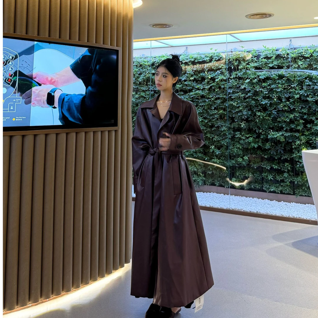 【喜】长款系带皮衣翻领外套网红气质轻奢时尚设计师过膝服饰西装