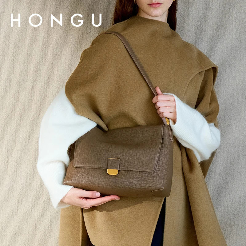 HONGU/红谷头层牛皮单肩斜挎包气质时尚真皮简约百搭小众休闲秋冬