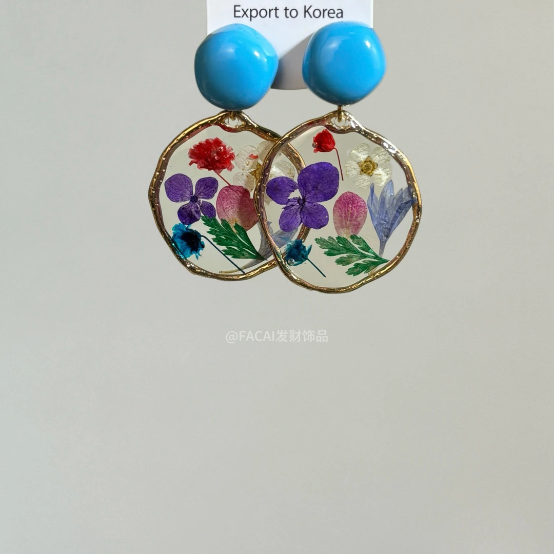 合金亚克力耳饰 浪漫蓝色干花印花永生花度假风复古小众简约气质