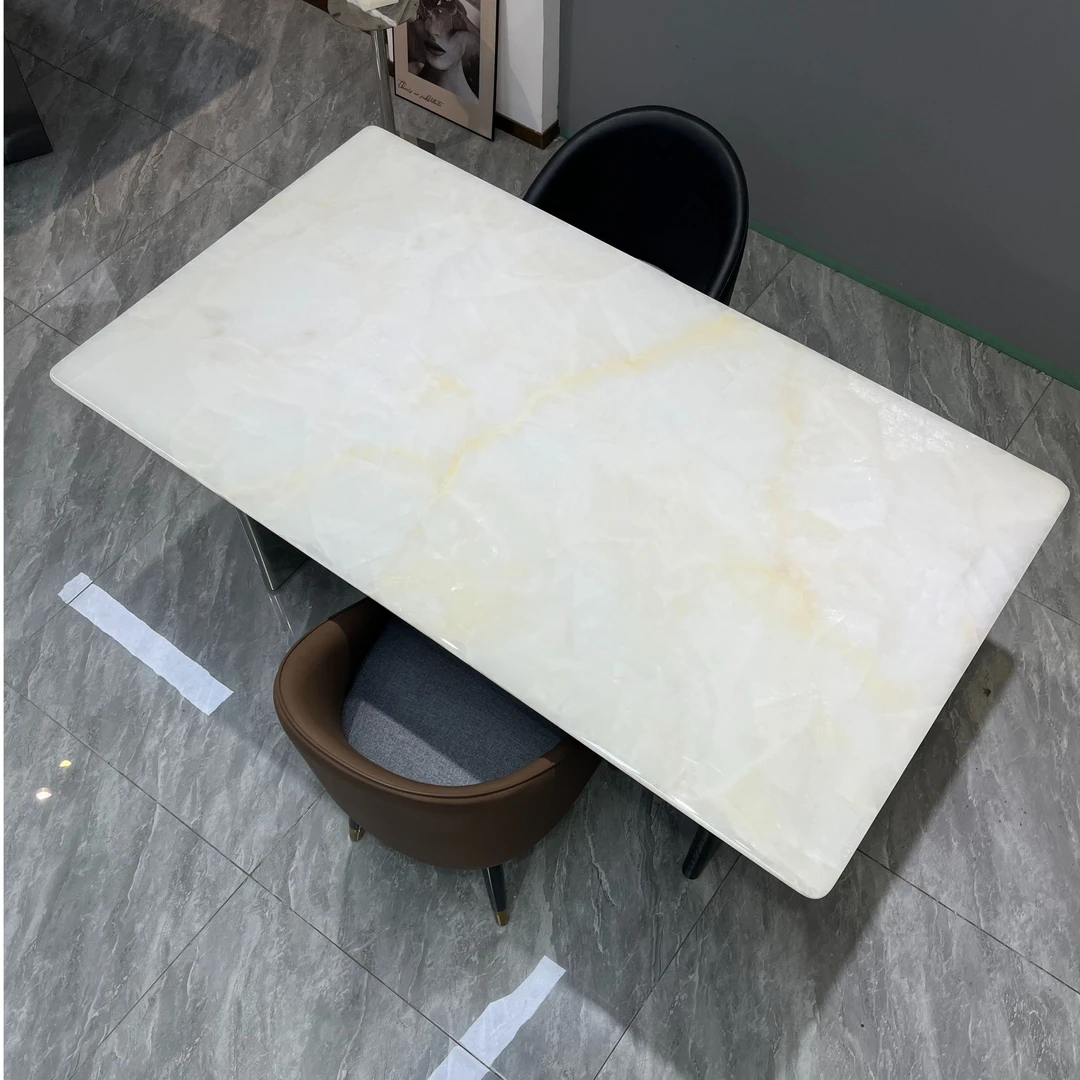 【冰河世纪】天然奢石长方形餐桌轻奢现代大户型北欧五金高端奢石