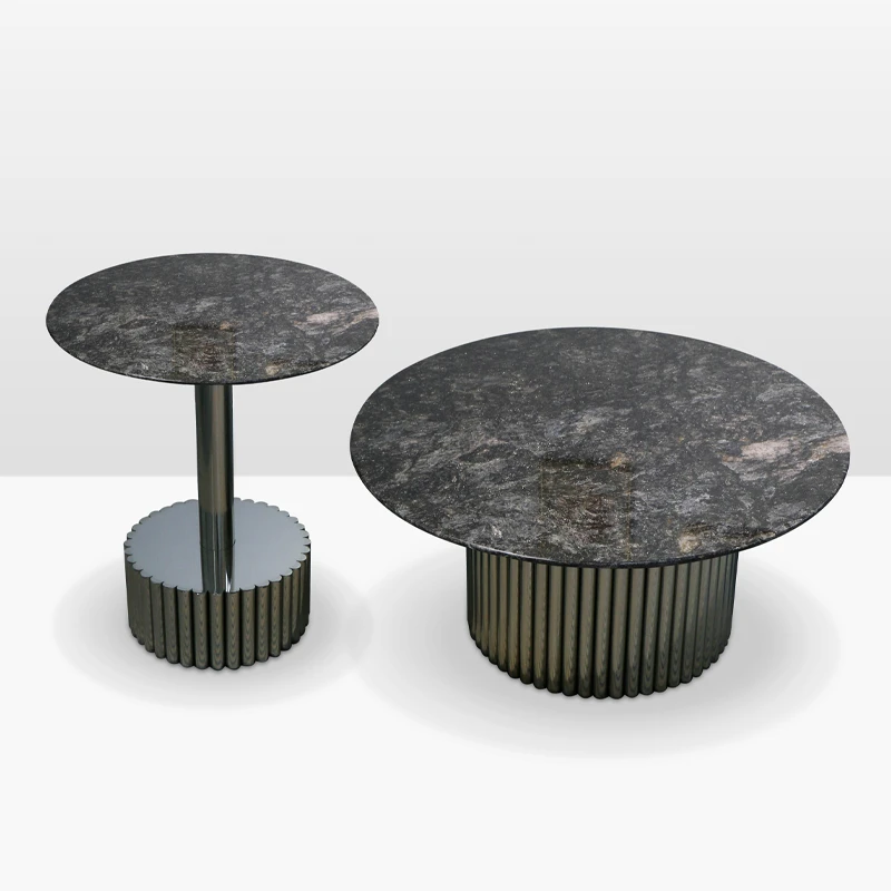 铂金钻奢石茶几意式极简大小圆水波纹不锈钢茶几大理石圆几小边几