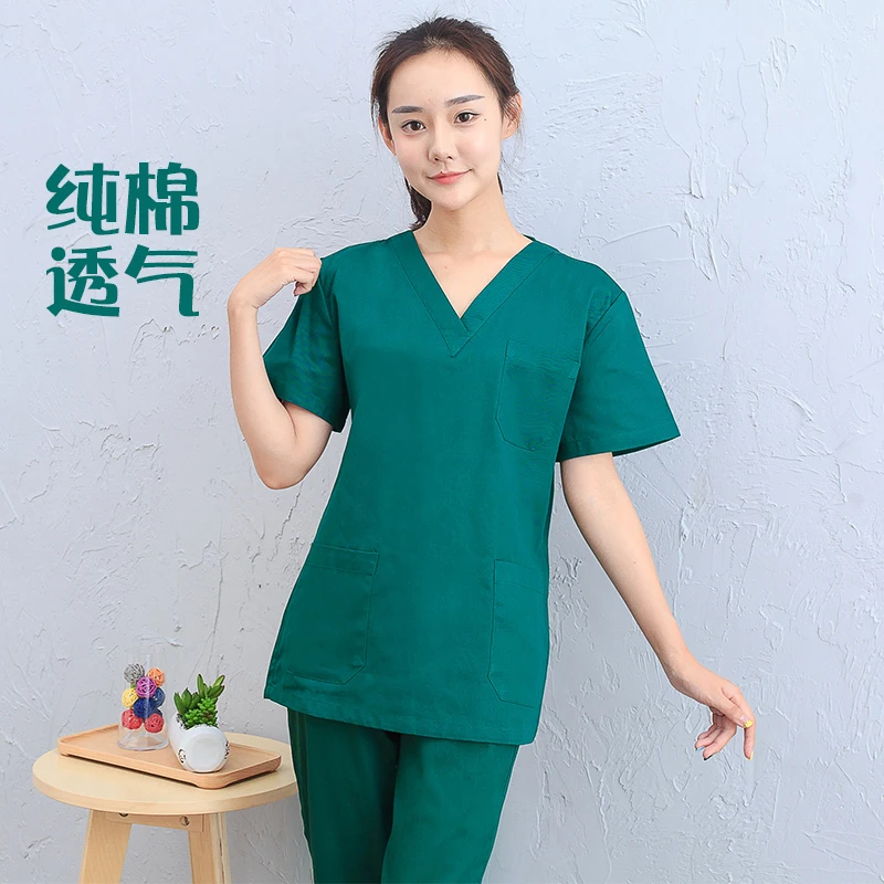 洗手短袖纯棉松紧腰抽绳套装墨绿色医院女医生手术室刷手夏季透气