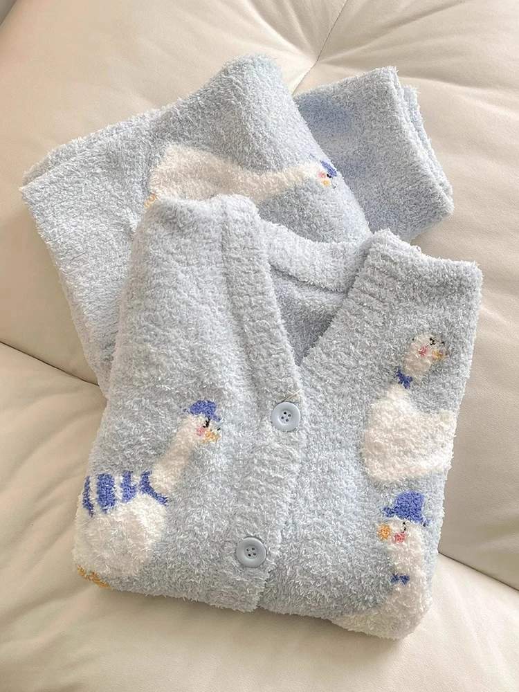 大码半边绒睡衣女秋冬2025年新款韩版卡通加厚保暖针织家居服冬款