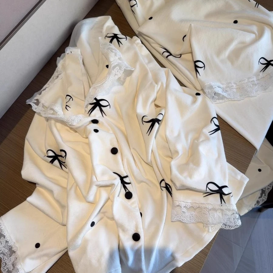 韩版公主风蝴蝶结海岛绒睡衣女秋冬季新款加厚蕾丝花边家居服套装
